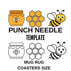 a bunch of different logos with bees and honeycombs on the bottom one says punch needle template mug rug coaster size