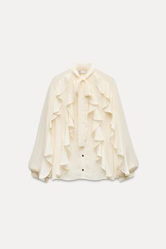 RUFFLED ROMANTIC BLOUSE - Ecru | ZARA United States High Collar Blouse, Blouse With Ruffles, Blusas T Shirts, Romantic Blouses, Waistcoat Dress, Cardigan Sweater Vest, Cardigan Sweater Dress, Leather Shirt, Tshirt Skirt