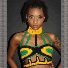 Handmade crochet JAMAICAN Rays of Sun choker crop Bralette. 100% Acrylic. Handmade Cropped Halter Top, Handmade Cropped Crochet Top For Festival, Handmade Cropped Top For Vacation, Handmade Fitted Halter Crop Top, Handmade Fitted Crop Halter Top, Handmade Cropped Crop Top For Vacation, Yellow Bohemian Crochet Crop Top, Crochet Crop Top For Music Festival, Trendy Crochet Crop Top For Festivals