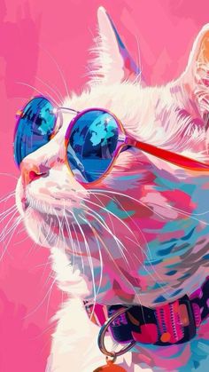 a white cat wearing sunglasses on top of a pink background