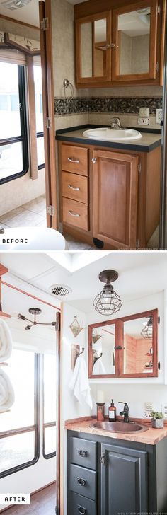 two pictures show the inside of a kitchen and bathroom