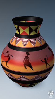 a colorful vase with people painted on it