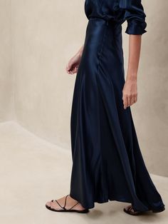 Serenade Silk Maxi Skirt | Banana Republic Navy Blue Monochromatic Outfit, Silk Maxi Skirt Outfit, Blue Monochromatic Outfit, Long Taffeta Skirt, Navy Silk Skirt, Semi Formal Wedding Attire, Slip Skirt Outfit, Silk Skirt Outfit, 2024 Lookbook