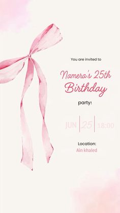 a pink birthday party card with a ribbon on it