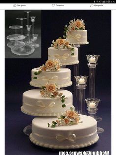 three tiered wedding cake with flowers and champagne glasses