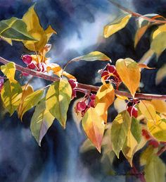 a painting of yellow and red leaves on a branch with blue sky in the background