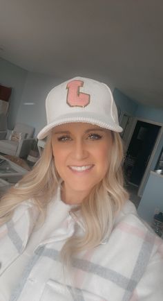 you pick color of hat and letter Trendy Brimmed Baseball Cap For Everyday, Trendy Trucker Hat With Letter Embroidery, White Hats With Letter Patch, Trendy Letter Print Hats For Everyday, Trendy Letter Print Hats, Trendy Everyday Hats With Letter Print, Casual White Brimmed Snapback Hat, Trendy Everyday Hats, Trendy One Size Hats For Everyday