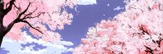 a painting of trees with pink flowers and blue sky in the background is an illustration