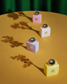 four small square shaped objects sitting on top of a yellow table next to a plant