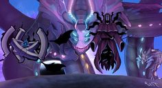 an animated image of a dragon with glowing eyes and purple skin, standing in front of a blue sky