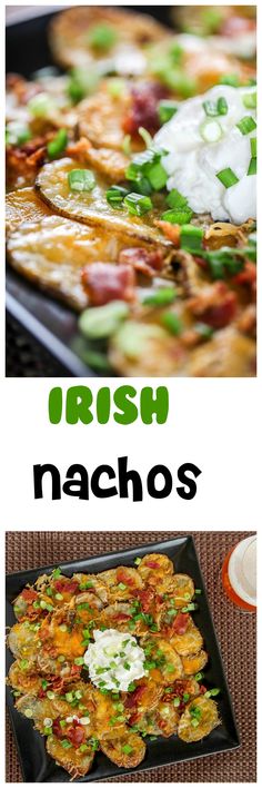 two pictures with different types of food and the words fresh nachos on them