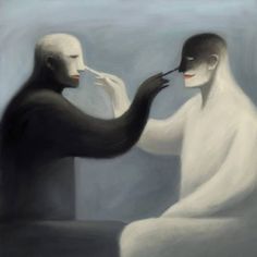 a man is brushing his teeth next to a woman with a white mask and black hair