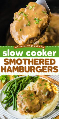 This crockpot burger recipe is a must-try main course idea! It's a family-friendly dinner with ground beef patties. Served in a rich onion gravy, these Slow Cooker Smothered Hamburger are so good! Main Course Menu, Ground Beef Patties, Beef Patties, Easy Main Dishes, Onion Gravy, Family Friendly Dinners, Dinner With Ground Beef, Chicken Slow Cooker Recipes, Burger Recipe