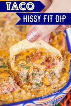 a hand dipping a tortilla into a casserole dish with text overlay