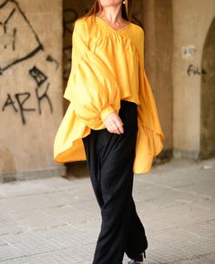 NEW COLLECTION Asymmetric Tunic Top / Yellow Loose by EUGfashion Oversized Cotton Lagenlook Blouse, Oversized Cotton Blouse In Lagenlook Style, Boho Maternity Dress, Carrie Dress, Sleeved Velvet Dress, Summer Dress Women, Cotton Tunic Tops, Red And White Dress, Loose Tunic