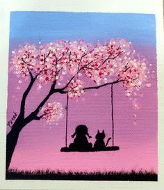 a painting of two cats sitting on a swing under a tree with pink sky in the background