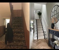 two photos side by side one with stairs and the other with carpet