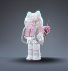 a pink and white robot with a cat on it's back holding a cell phone