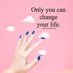 a woman's hand with blue fingernails and white clouds floating in the air above her