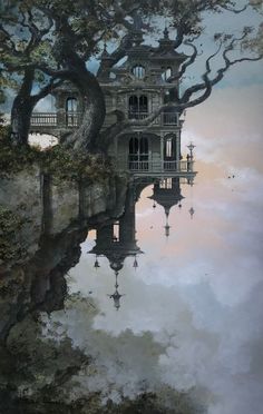 an artistic painting of a tree house and its reflection in the water