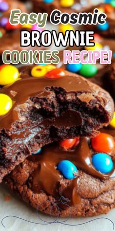 chocolate cookie with m & m candy on top and the words easy cosmic brownie cookies recipe