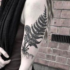 a black and white photo of a fern leaf tattoo on the left upper half of the arm