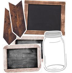 an assortment of wooden frames and chalkboards with a mason jar in the bottom right corner