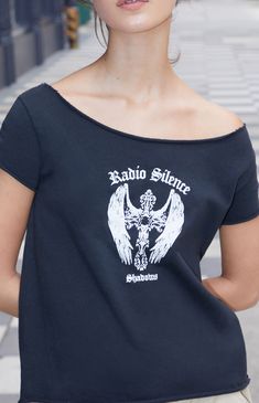 Radio Silence Cutoff T-Shirt Radio Silence, Off The Shoulder Tee, Women's Graphic Tees, Cozy Pullover, John Galt, Comfy Sweatshirt, T-shirts & Tank Tops, Tees For Women, Basic Tops