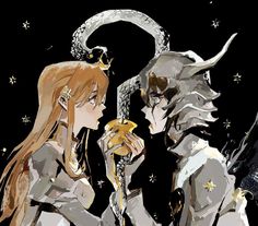 two anime characters standing next to each other in front of a black background with stars