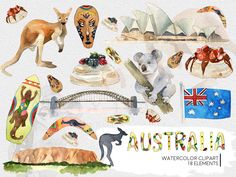 australia watercolor clipart set with kangaroos, koala and other australian symbols