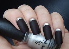 silver reverse french nails matte black Reverse French Manicure, Moon Manicure, Moon Nails, Her Nails, Nail Polish Designs, Silver Nails