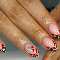 Gel Mani Designs Art Ideas, Cherry Leapord Nails, Cherry Lepord Nails, Nails Design Western, Cherry And Leopard Nails, Fun Dark Nails, Cheetah Print Cherry Nails, Cheetah Nails With Cherries, Leopard Print Nails With Cherry