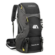 a black backpack with yellow accents on the front and back straps, sitting against a white background