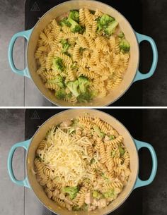 two images showing the same pasta dish before and after being cooked with broccoli