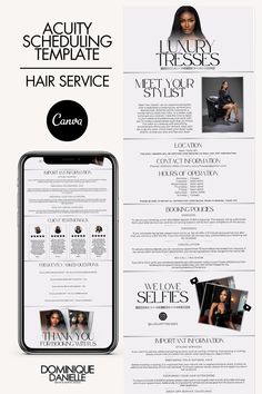 the front and back pages of a hair salon brochure with an image of a woman