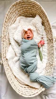 a newborn baby is sleeping in a wicker bassinet with a flower on it