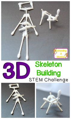 Combine science with Halloween with this simple STEM challenge to build 3D animal and human skeletons from cotton swabs! Halloween science is the best! Stem Crafts For Kids, Simple Stem Challenges, Stem Bins, Elementary Stem Activities, Stem Classes, Stem Elementary