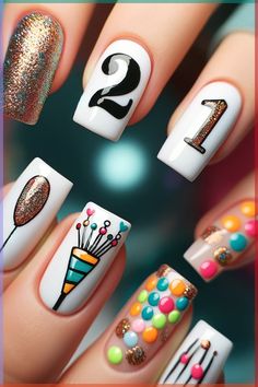 \ First Birthday Nails For Mom, Nail Art Birthday Ideas, Nail Birthday Ideas, 21 Nails Birthday, Birthday Nails Art Designs, 40th Birthday Nails Design, Kobe Nails, Happy Birthday Nail Art, Happy Birthday Nails Designs