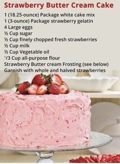 strawberry butter cream cake recipe on a plate