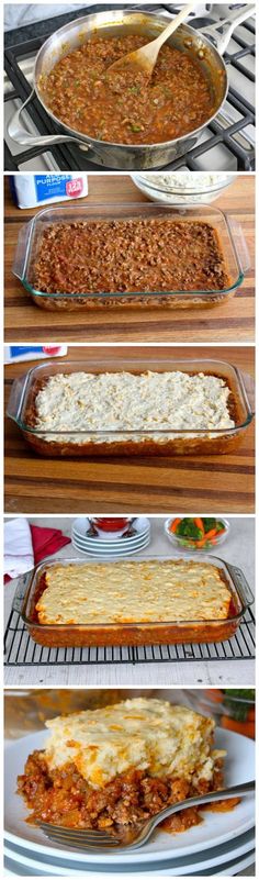 three pictures showing different stages of making lasagna casserole in the oven