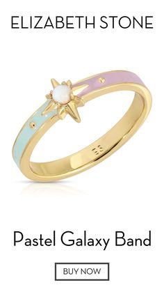 Harness the power of the galaxy and bring your pastel dreams to life. This delicate celestial ring features a glowing north star surrounded by hand painted enamel. 14k gold plated brass Enamel, Simulated opal Celestial Ring