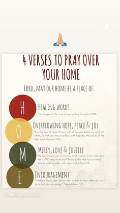 a poster with the words, 4 verses to pray over your home and four different colors