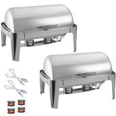 two stainless steel chafers with tongs and utensils next to each other