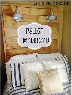 the pallet headboard is made from an old piece of wood