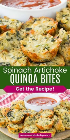 spinach artichoke quinoa bites on a plate with dipping sauce in the background