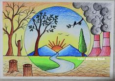 an image of a painting with trees, water and sun in the background that says color drawing book