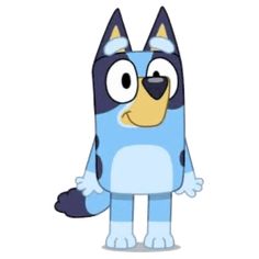 a blue and black cartoon dog standing with its eyes wide open in front of the camera