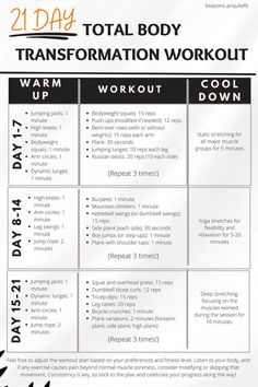 the 21 day total body transformation workout plan is shown in black and white, with instructions for