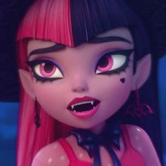 a close up of a cartoon character with pink hair and black eyeliners on