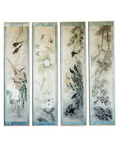 three panels with birds and flowers painted on them